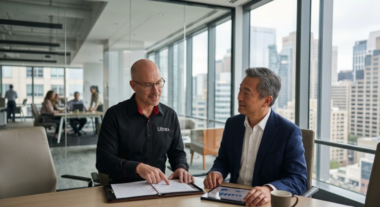 two men sitting at a desk as one man answers it questions in a board room of a high rise building