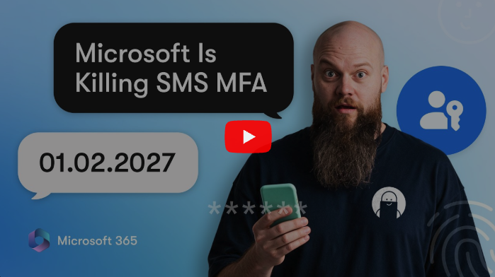 a video thumbnail that shows a man with an incredulous look on his face and text that reads in the format of text messages being exchanges "Microsoft is killing SMS MFA" which is responded to with "01.02.2027"