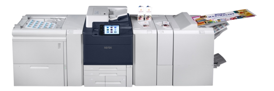 grey and black PrimeLink® C9200 Series Printer from Xerox® with a colorful printed page being shown